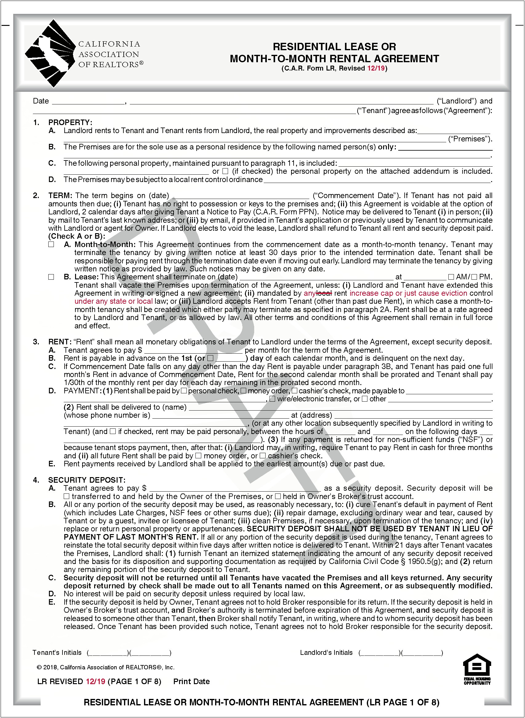 2019 Ca Residential Lease Agreement Free Template