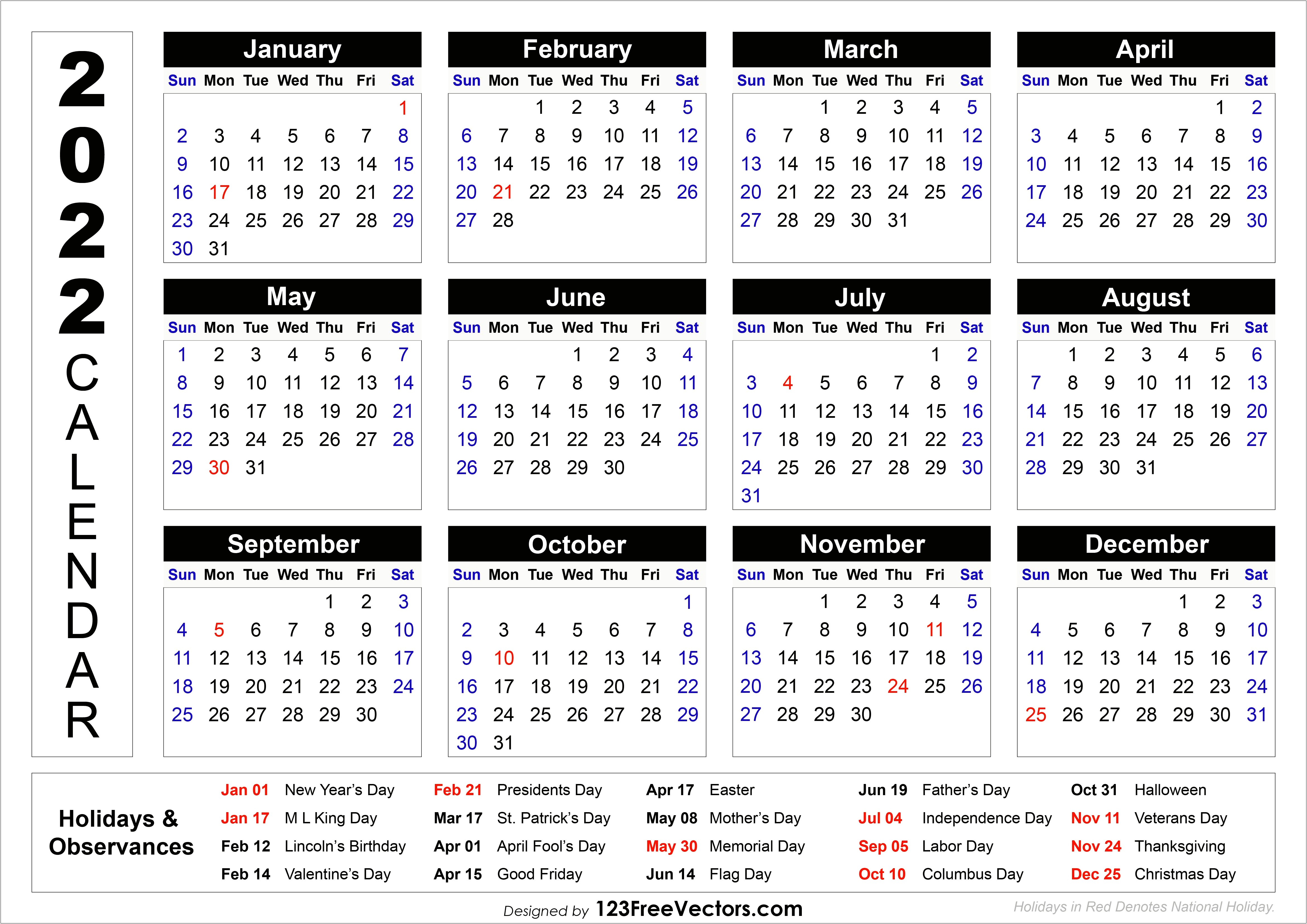 2020 Free Calendar Template With Holidays