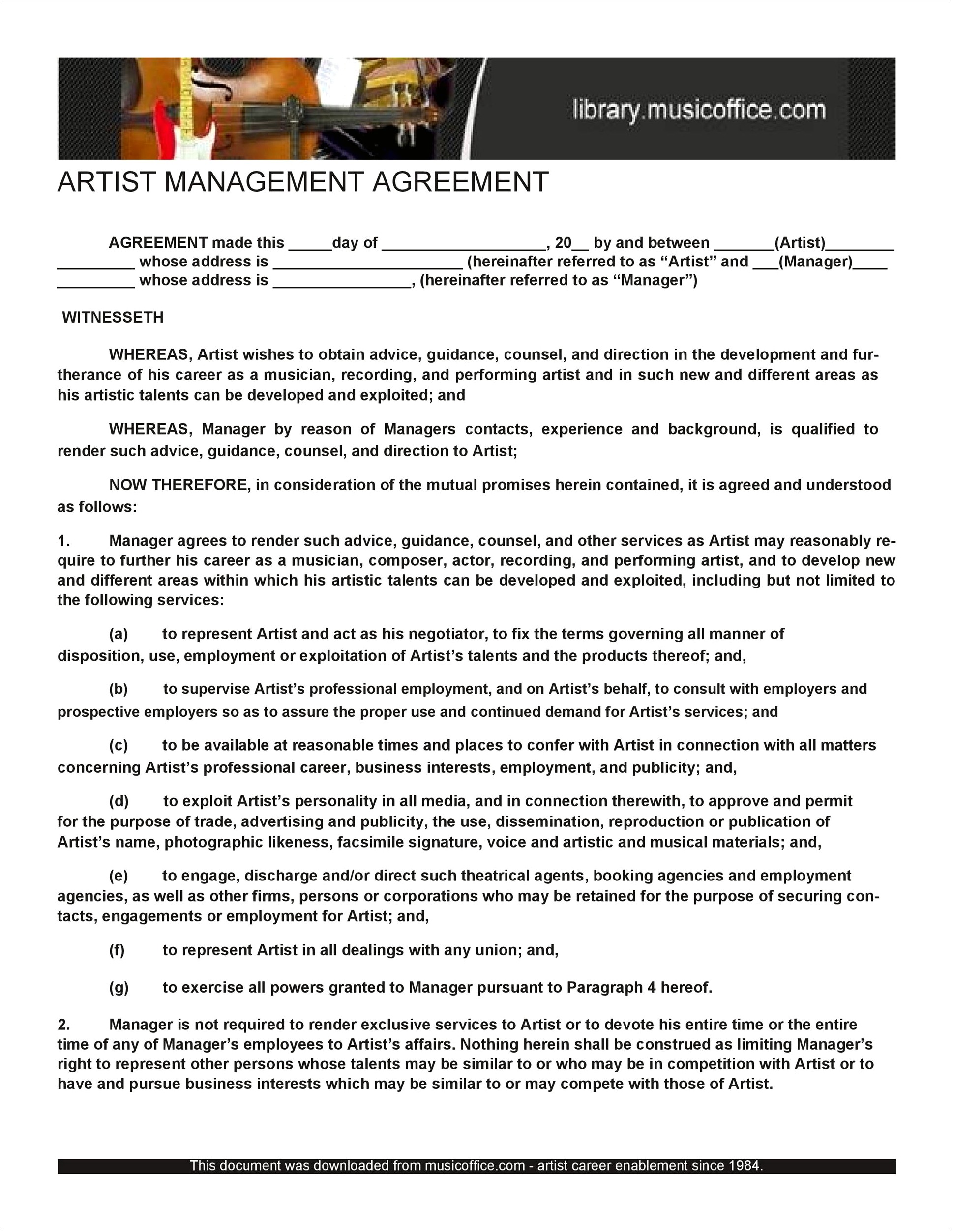 Artist Management Contract 2018 Template Free