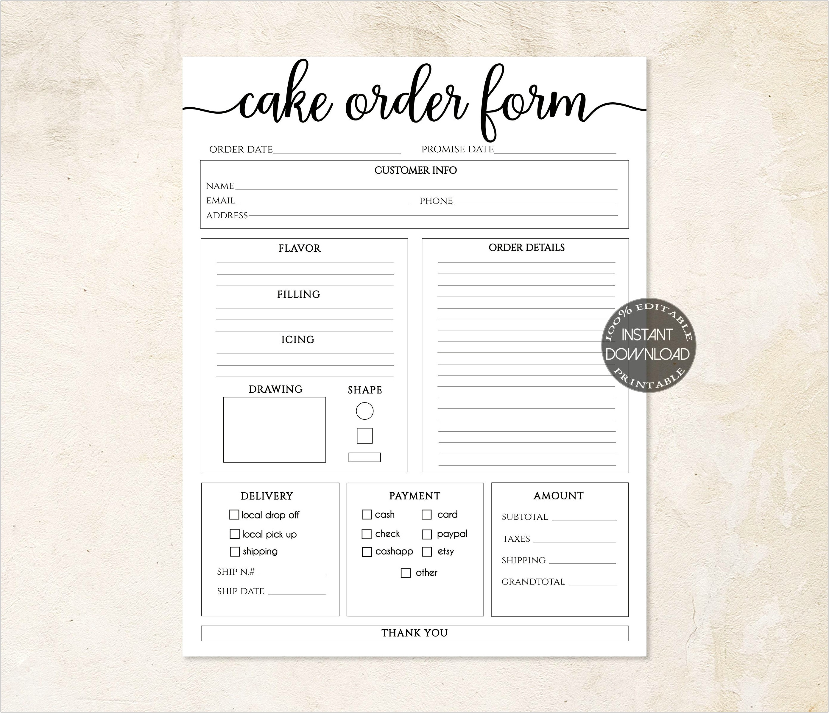 Bakery Order Form Template Free For A Customer