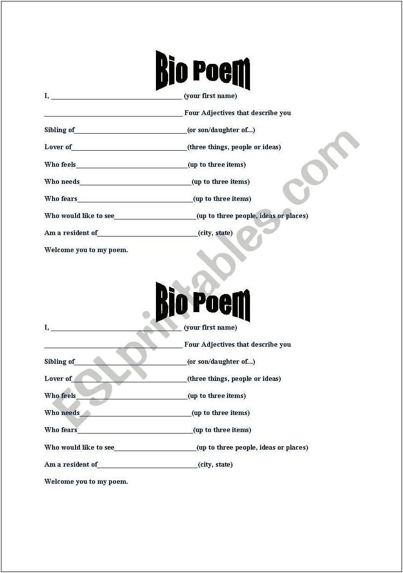 Bio Poem Template Middle School Pdf Free