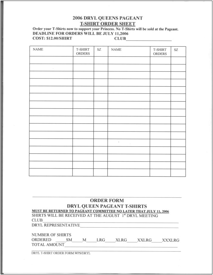 Blank Order Form Template Free For Tshirts