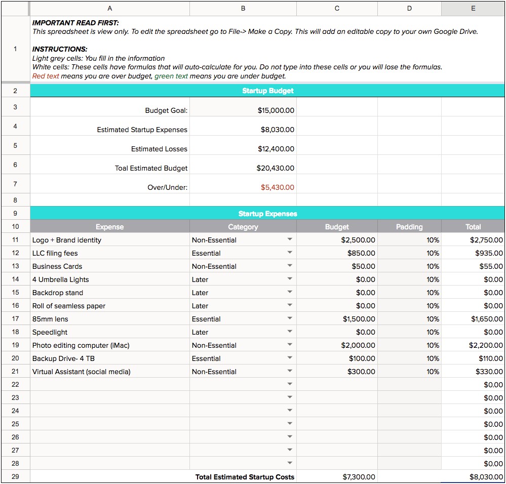 Business Budget Example Template Free Download