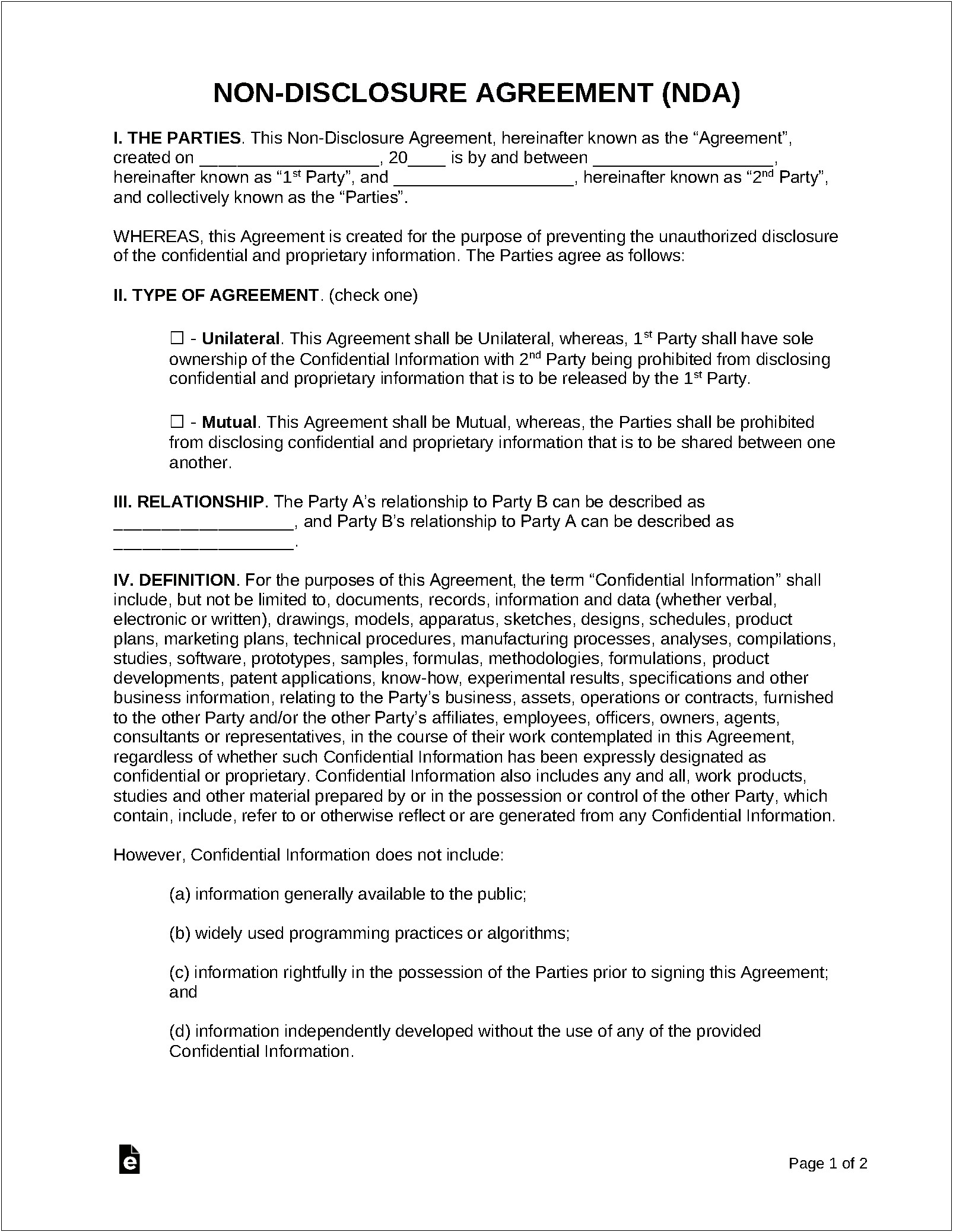 Business Non Disclosure Agreement Template Free