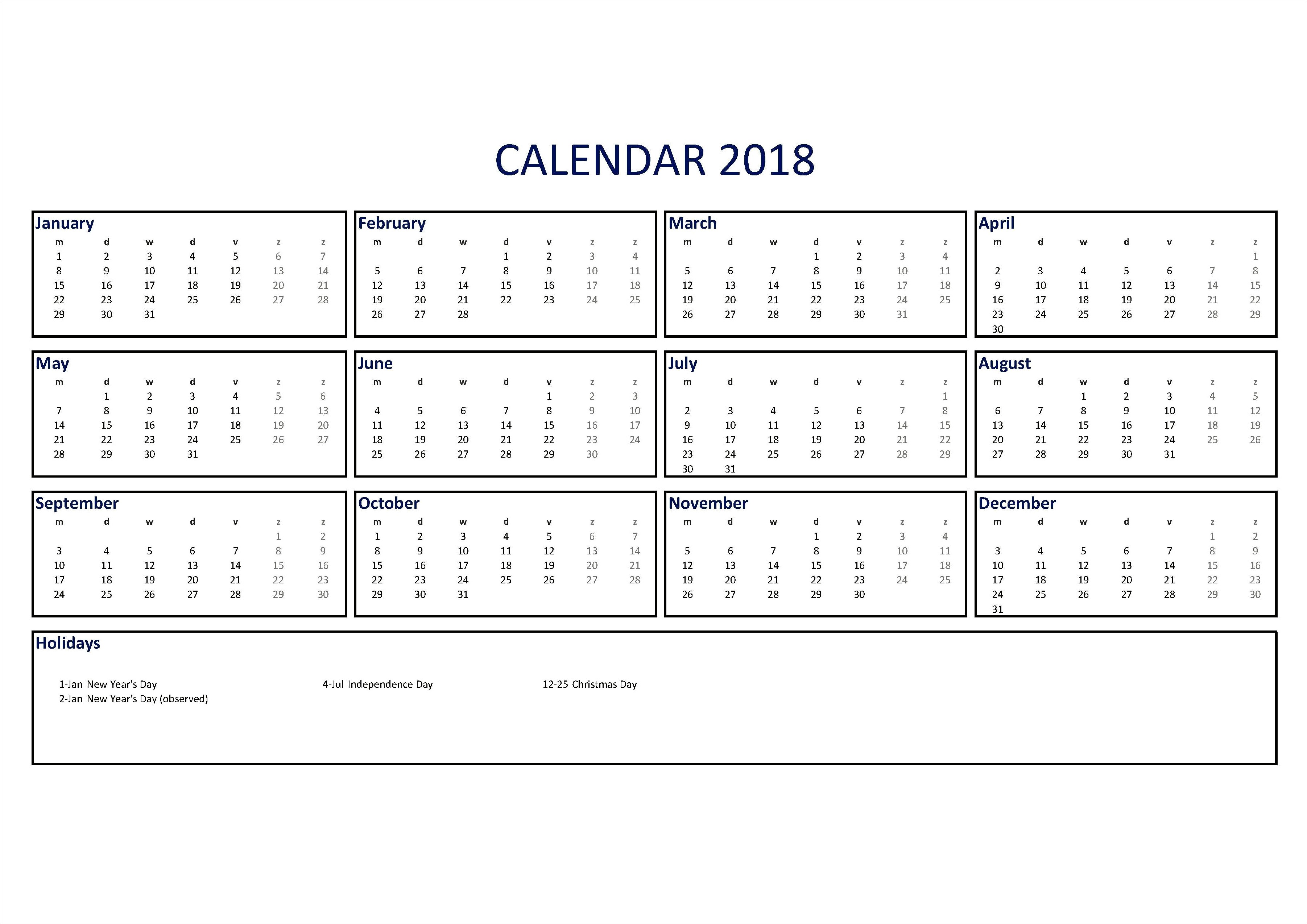 Calendar 2018 Template Excel Free Download