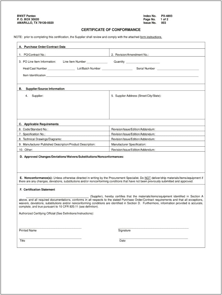 Certificate Of Conformance Template Free Download