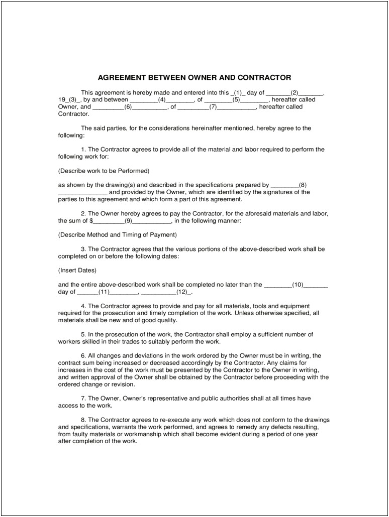 Contract Between A Contractor And Homeowner Free Template