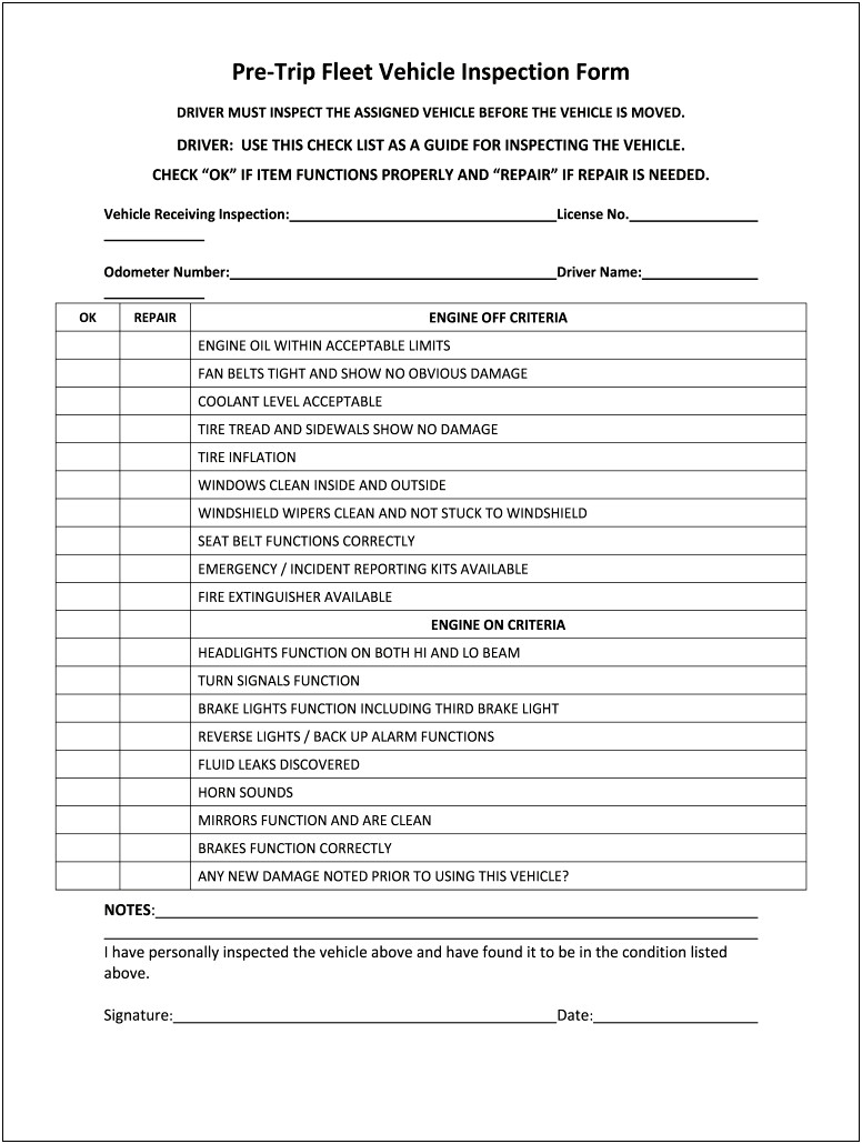 Daily Truck Inspection Checklist Free Template Templates Resume