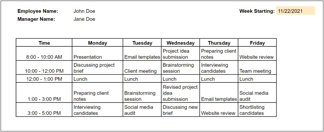 Daily Work Plan Template Excel Free Download