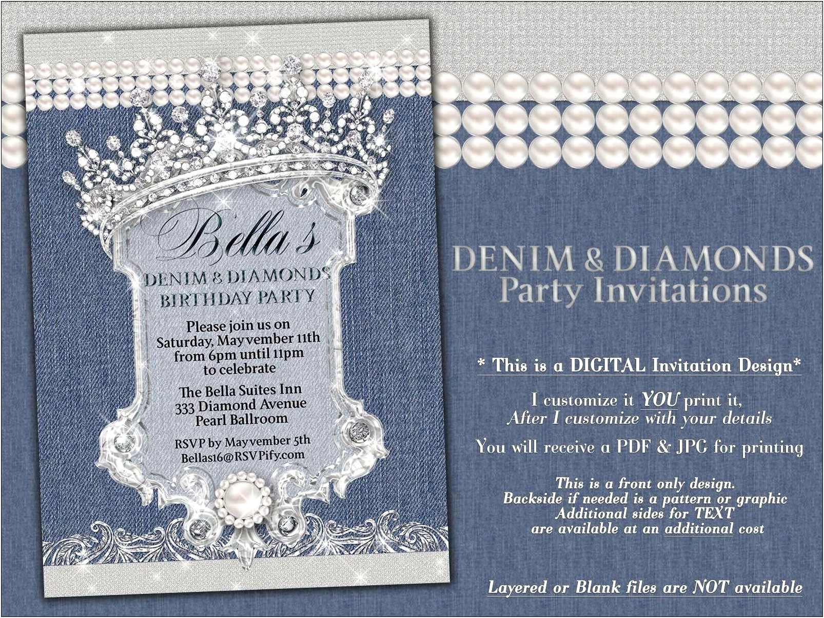 Denim And Diamonds Blank Invitation Templates Free