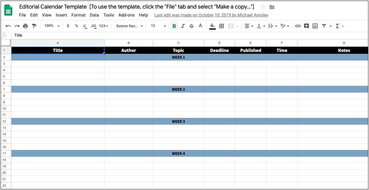 Free Google Sheets Editorial Calendar Template Templates Resume