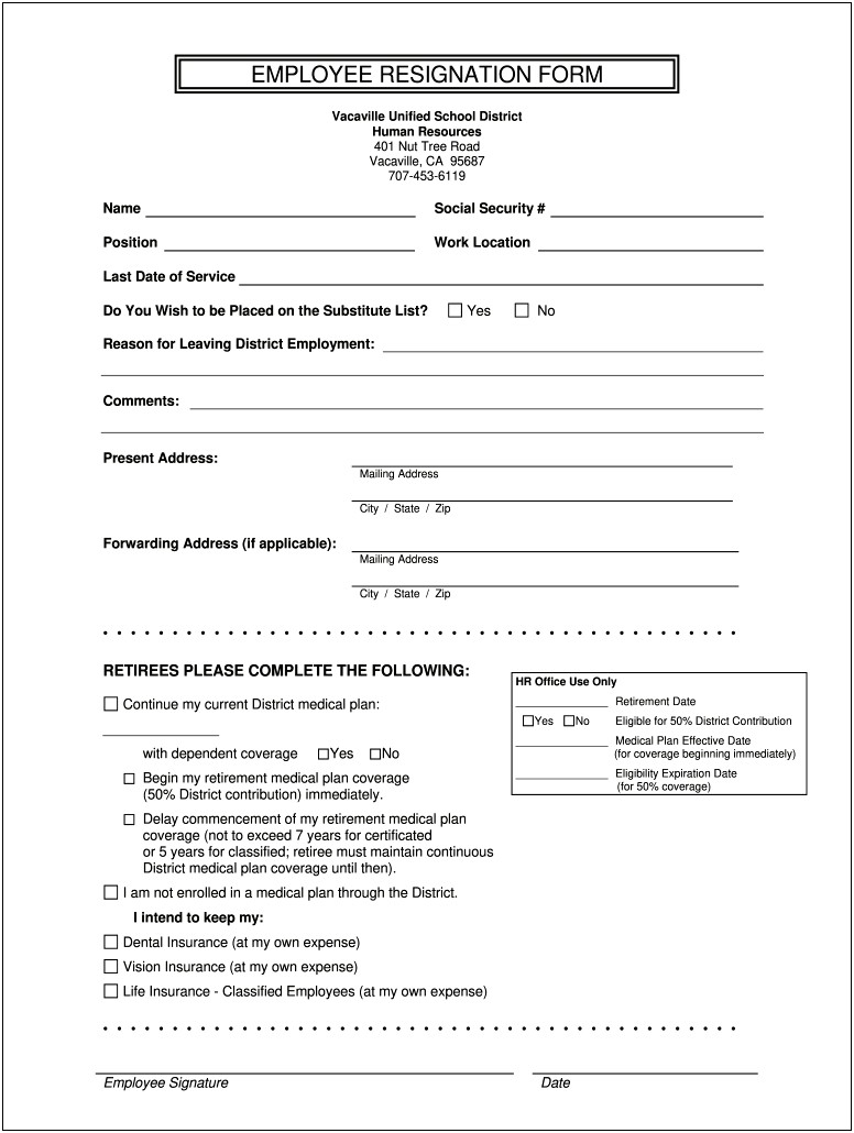 Employer Employee Resignation Form Template Free