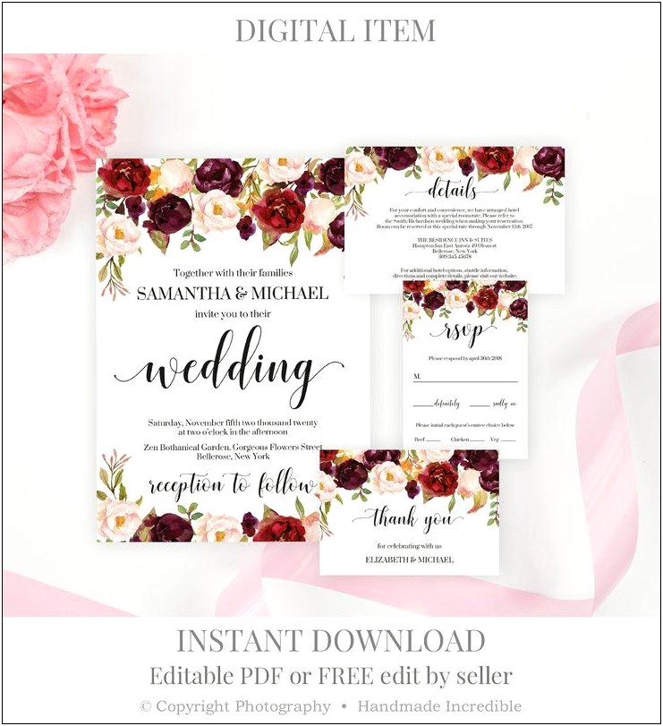 Flower Wedding Invitation Burgendy Templates Free