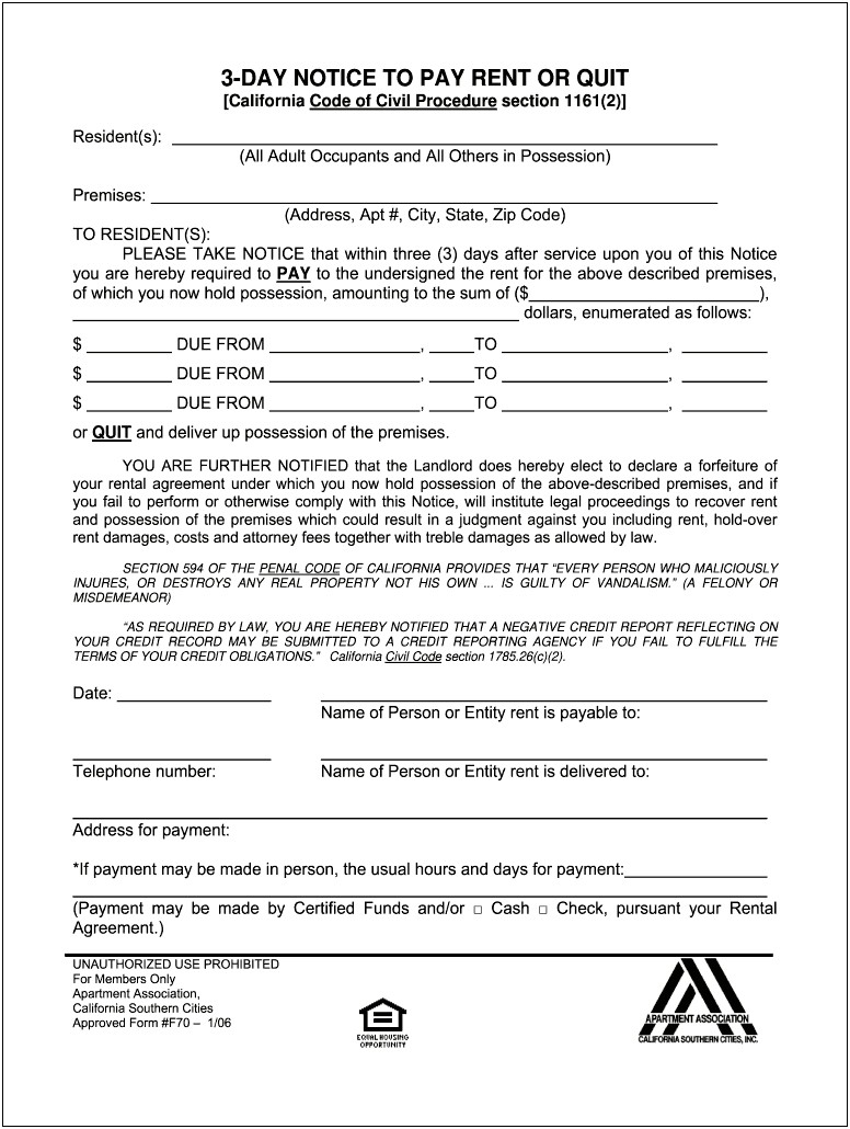 Free 3 Day Eviction Notice California Template