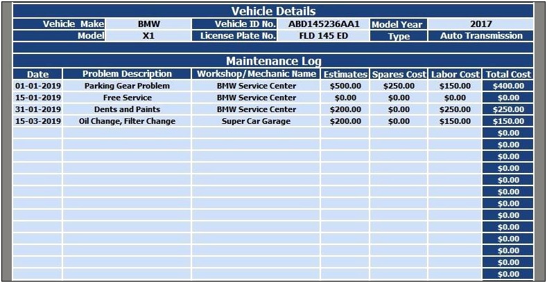 Free Auto Maintenance Log Template Pdf