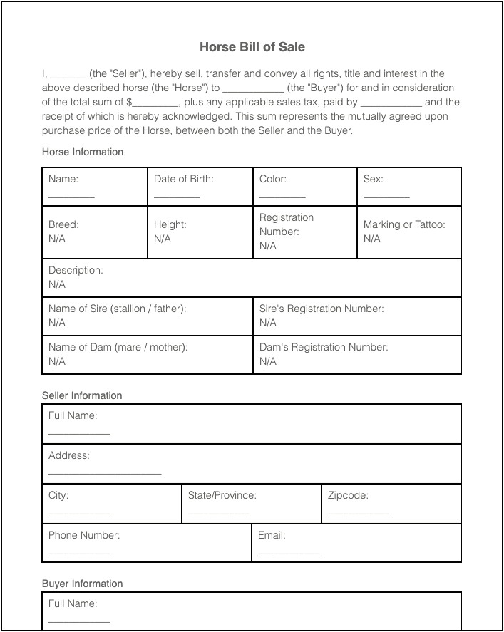 Free Basic Horse Bill Of Sale Template