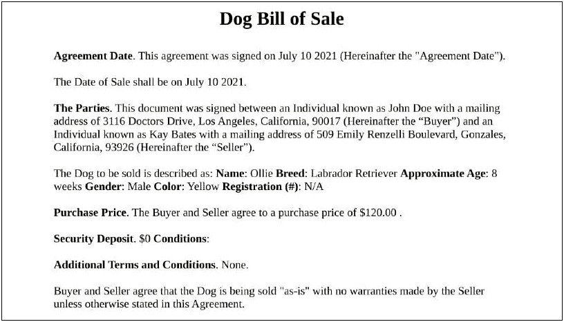 Free Bill Of Sale For Dog Purchase Template