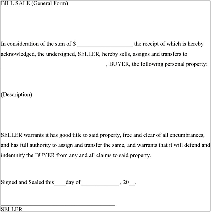 Free Bill Of Sale Personal Property Template