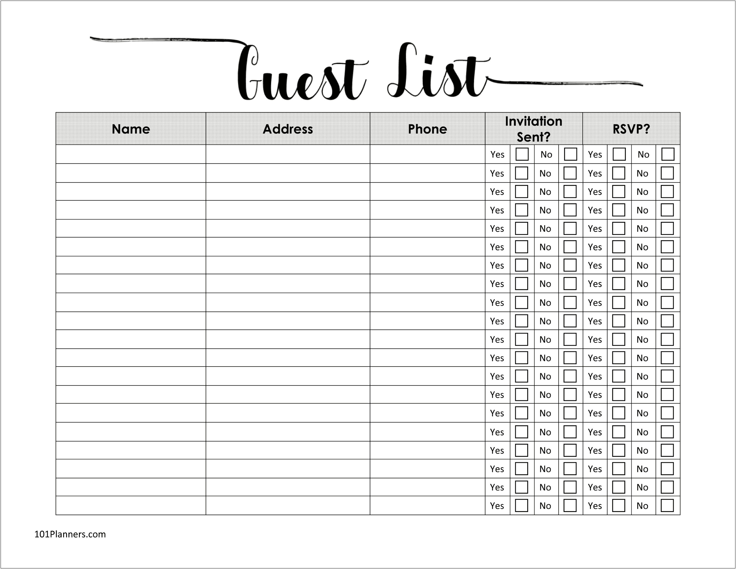 Free Birthday Party Guest List Template