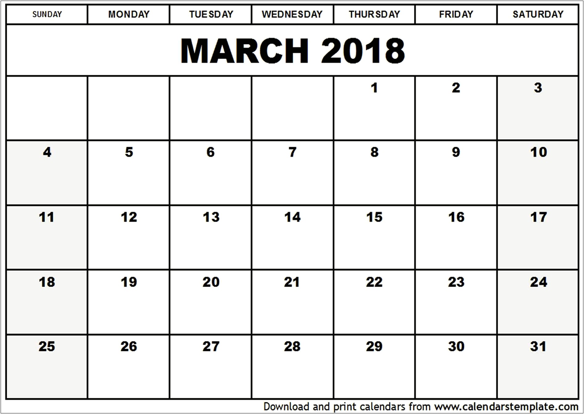 Free Blank Calendar Template March 2018