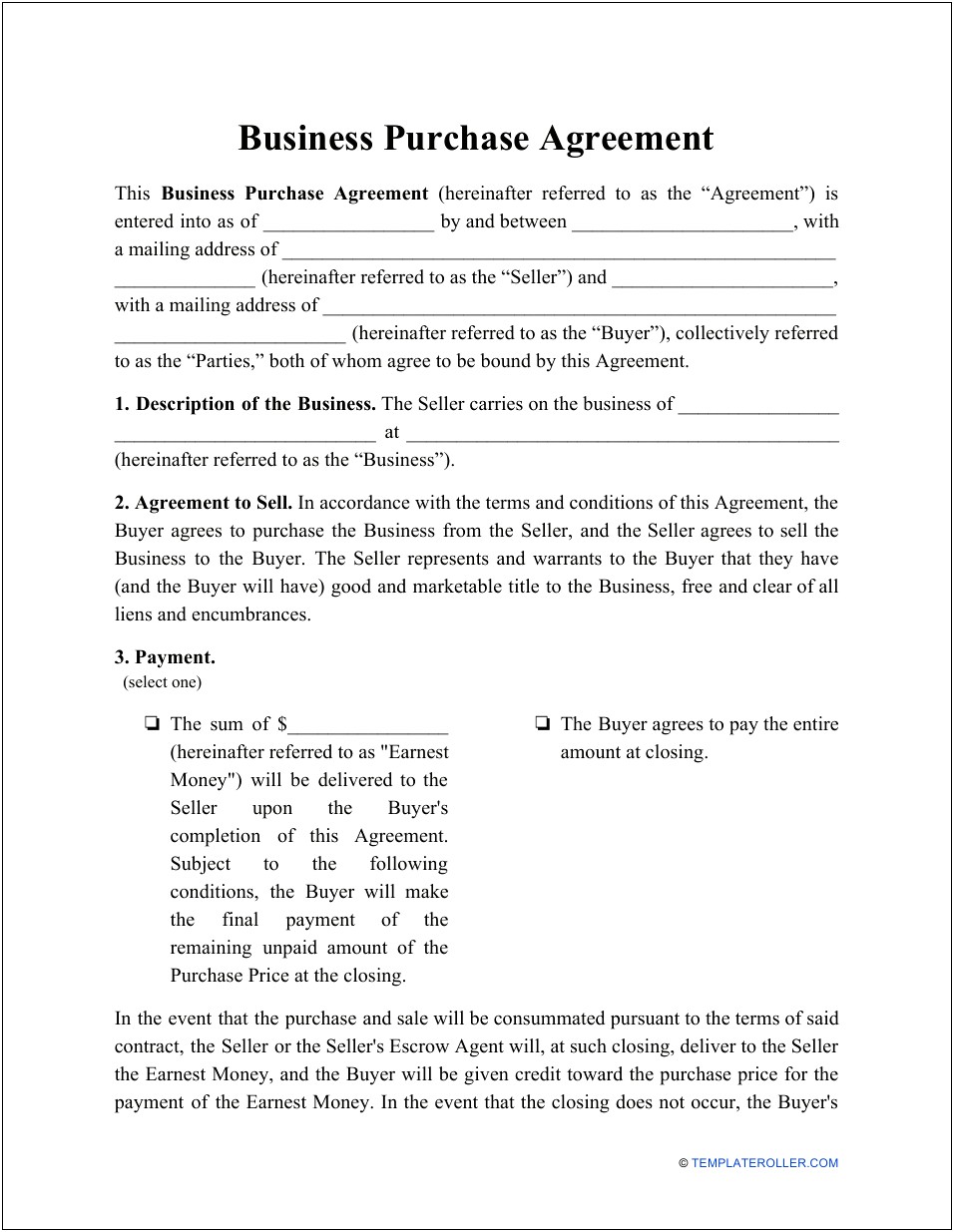 Free Business Purchase And Sale Agreement Template