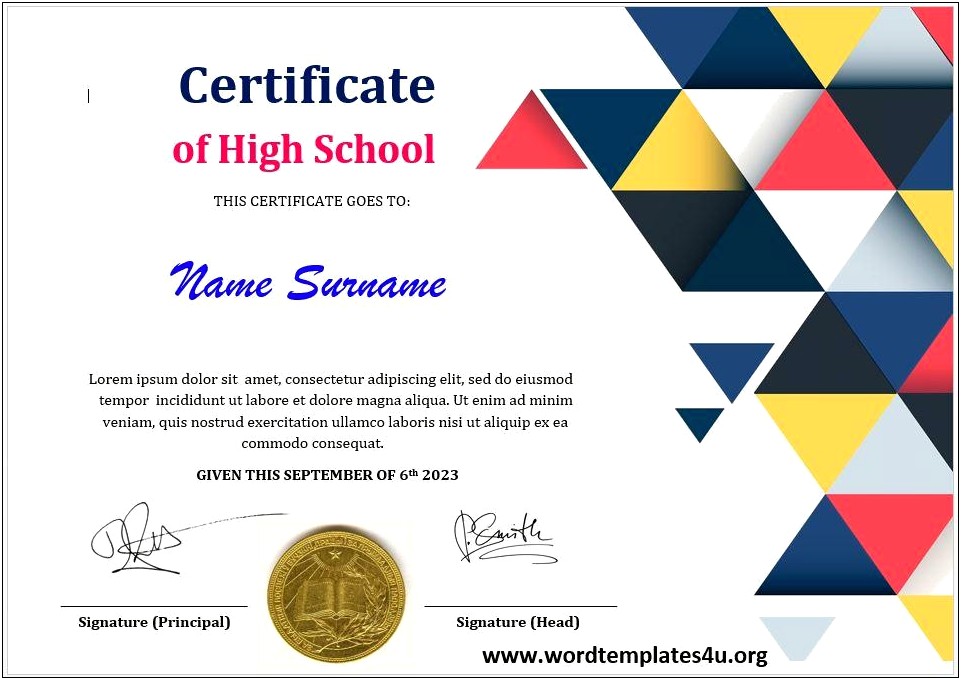 Free Certificate Of Completion Template For High School