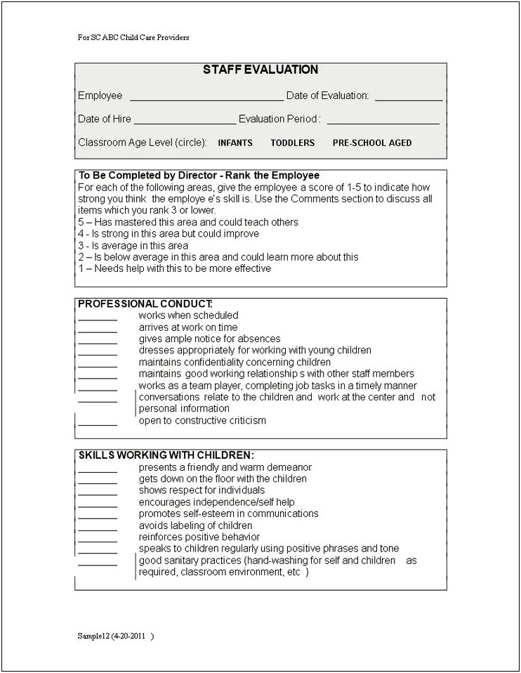 Free Child Care Employment Application Template