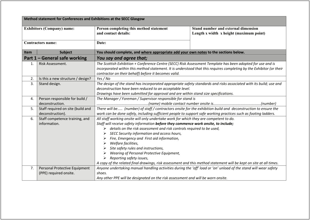 Free Construction Risk Assessment And Method Statement Template