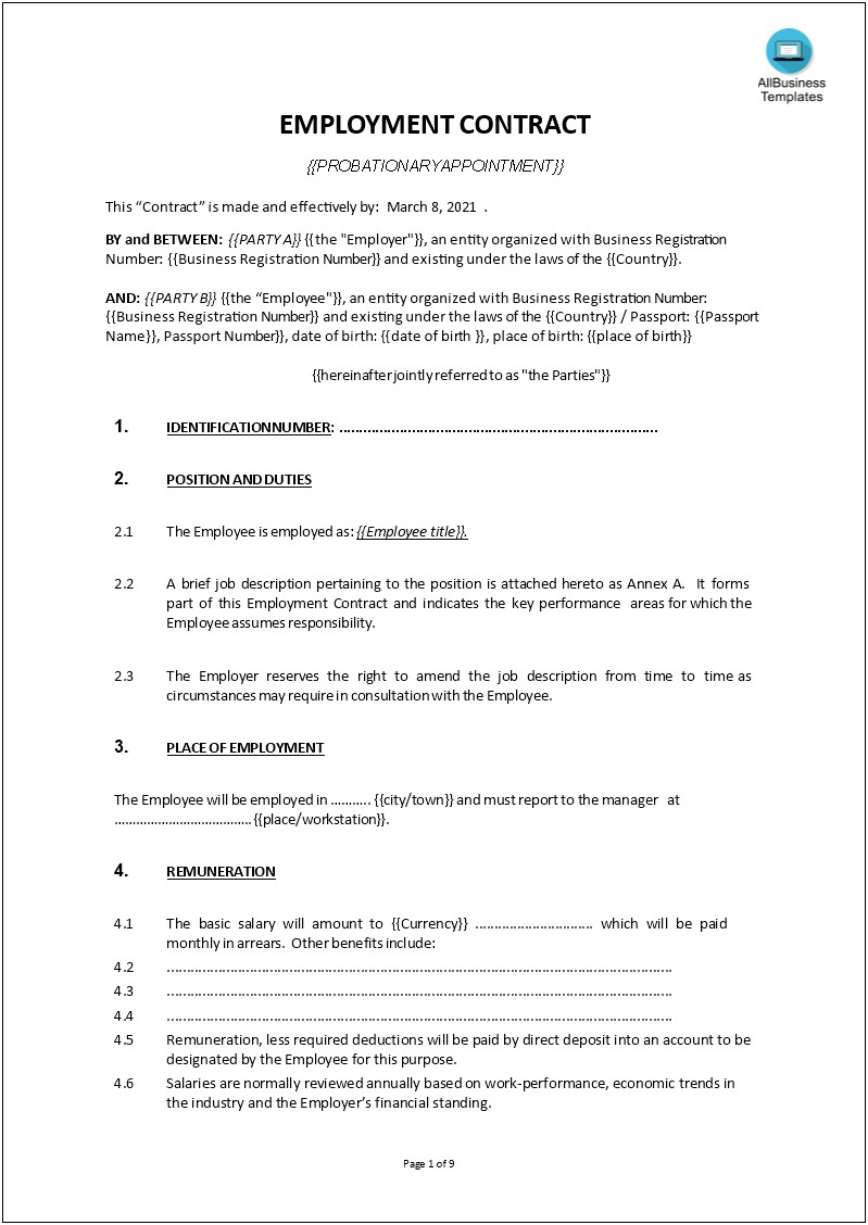 Free Contract Of Employment Template Ireland