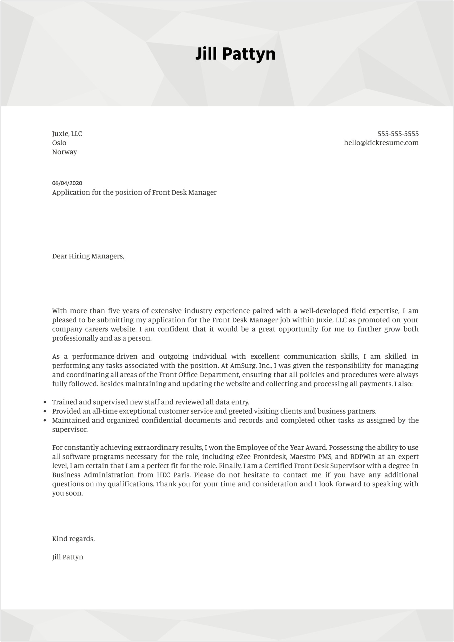 Free Cover Letter Template For Receptionist