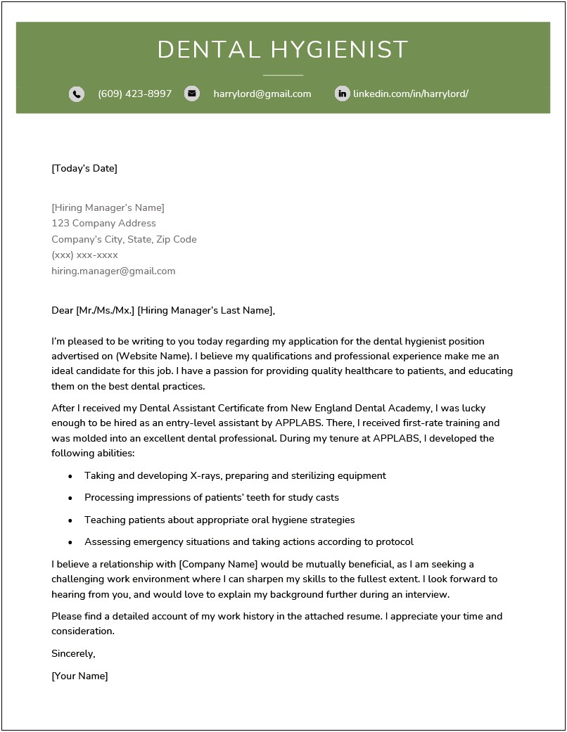 Free Dentist Cover Letter Word Template