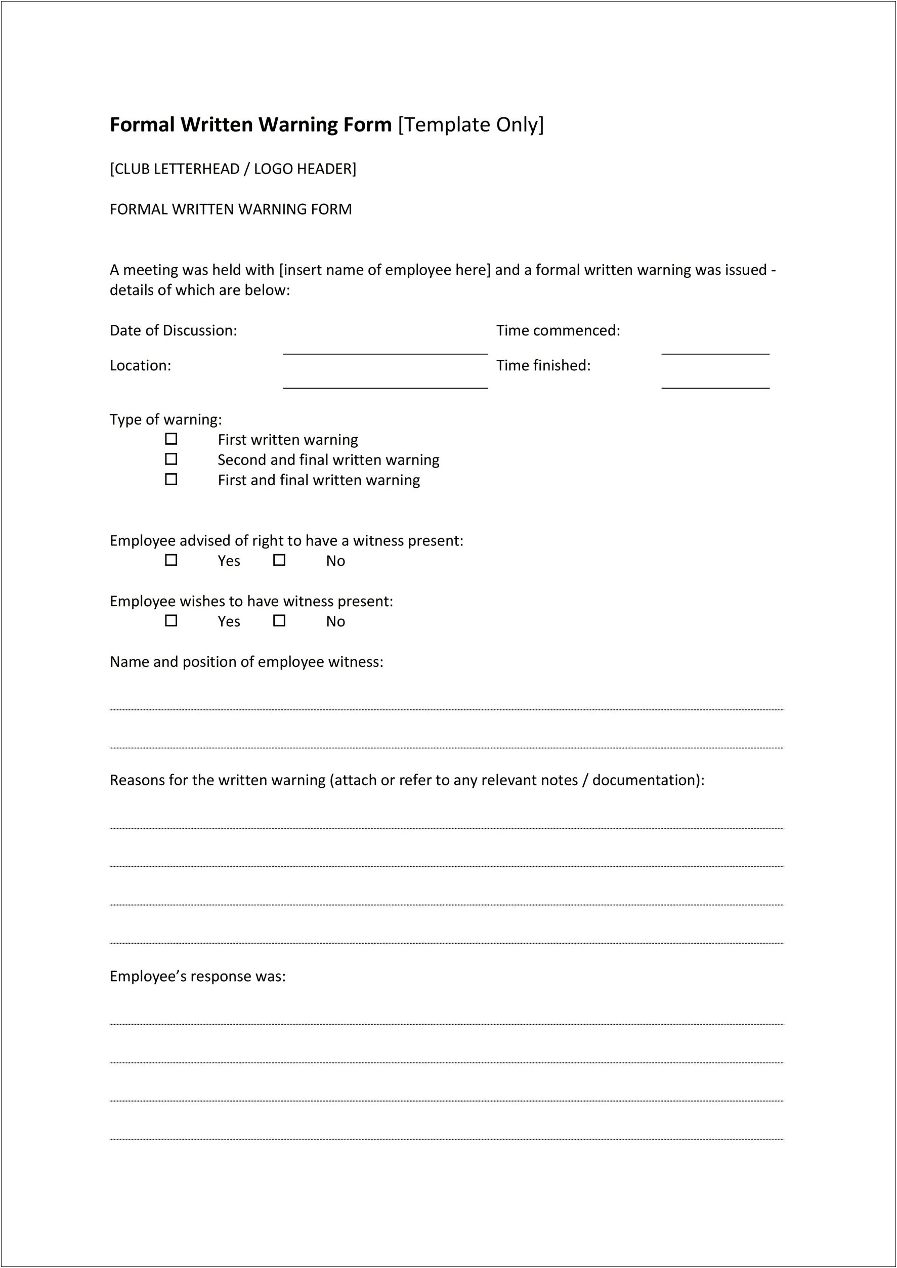Free Disciplinary Warning Template For Employees
