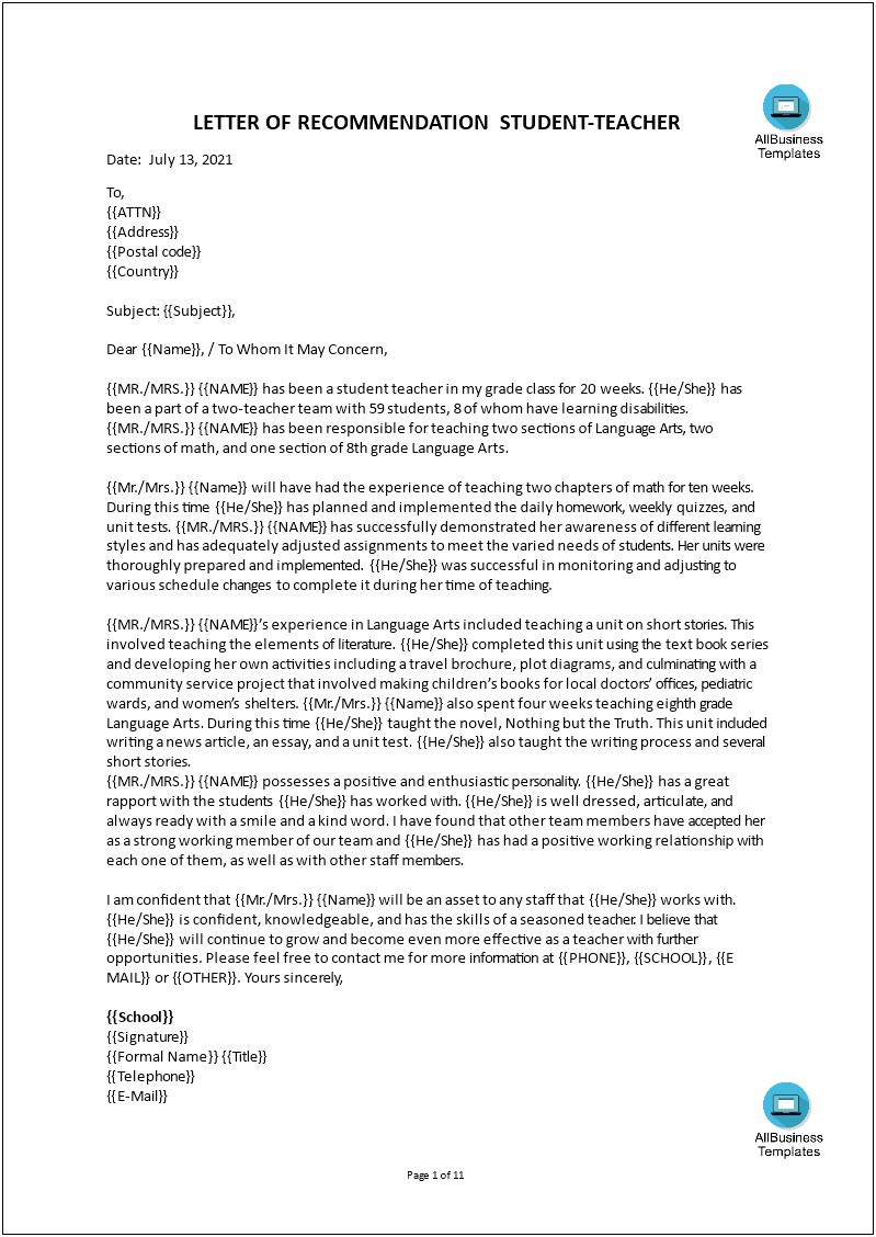 Free Download Letter Of Recommendation Template