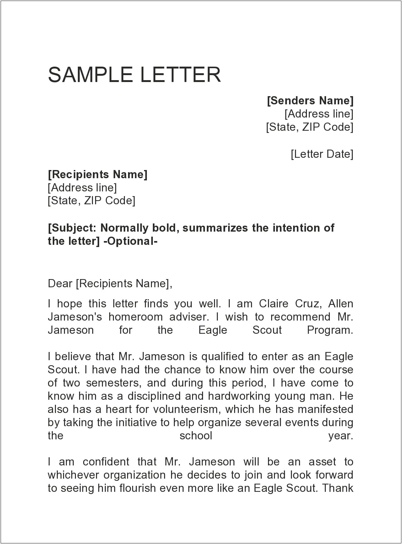 Free Eagle Scout Letter Of Recommendation Template