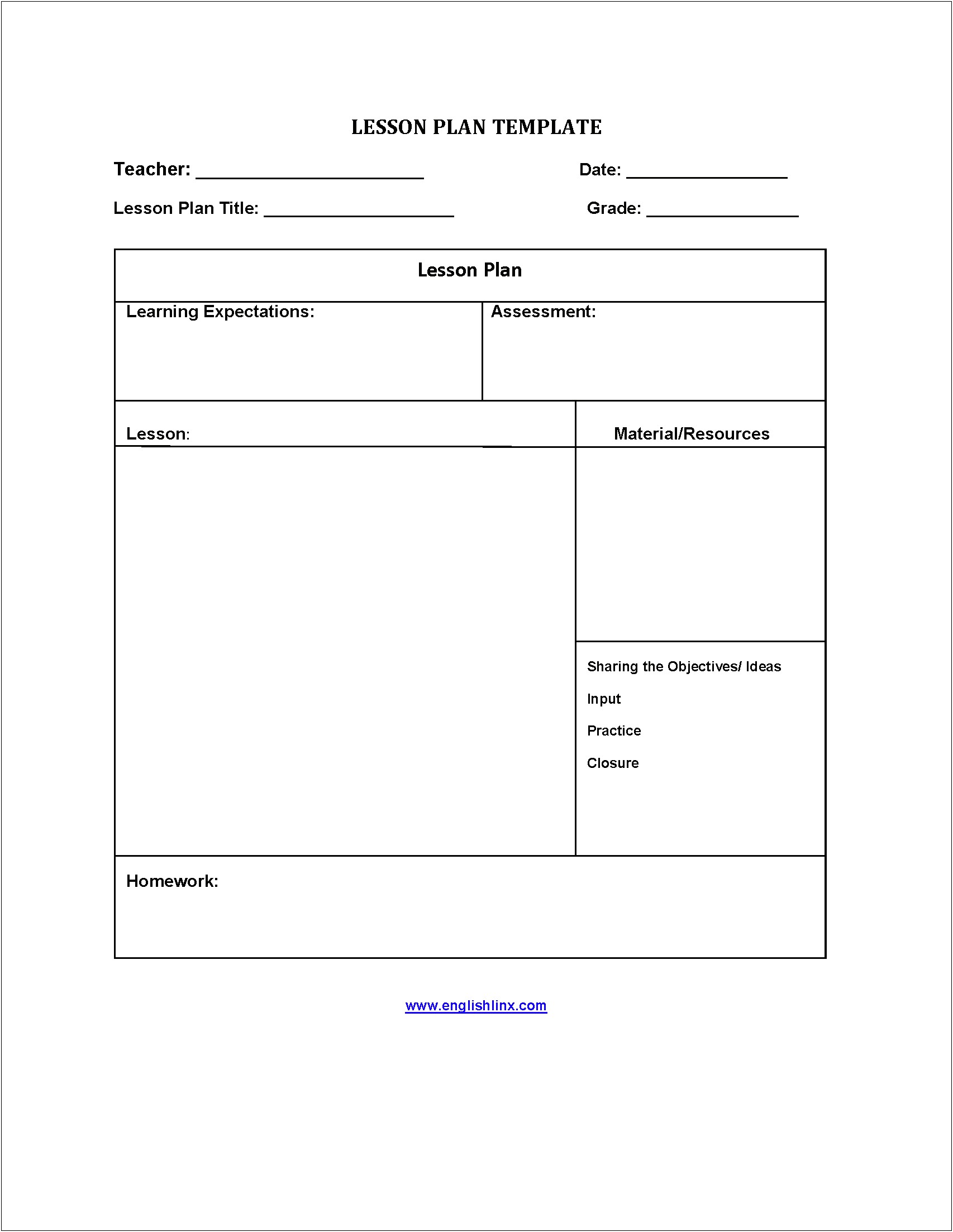 Free Ela And Writing Lesson Plan Template