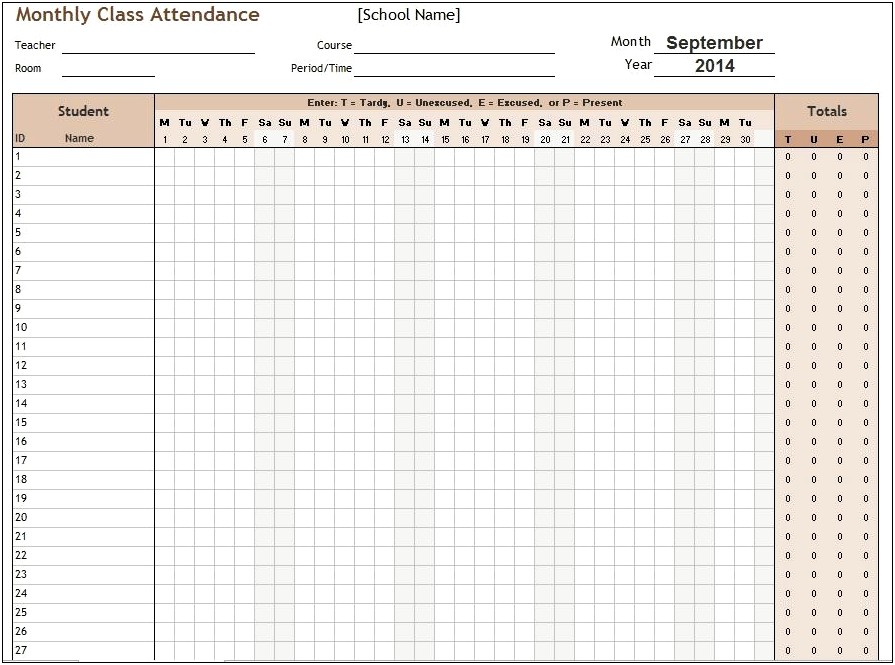 Free Employee Attendance Calendar Template 2014