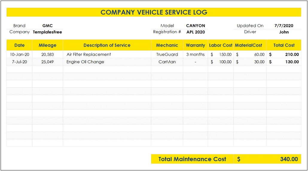 Free Excel Template Auto Service Record