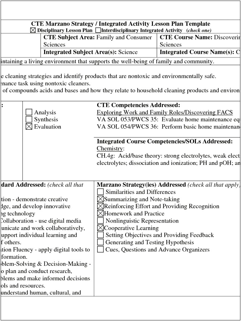 Free Family And Consumer Science Lesson Plan Template