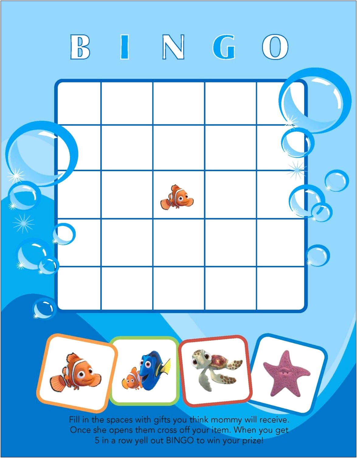 Free Finding Nemo Baby Shower Bingo Template