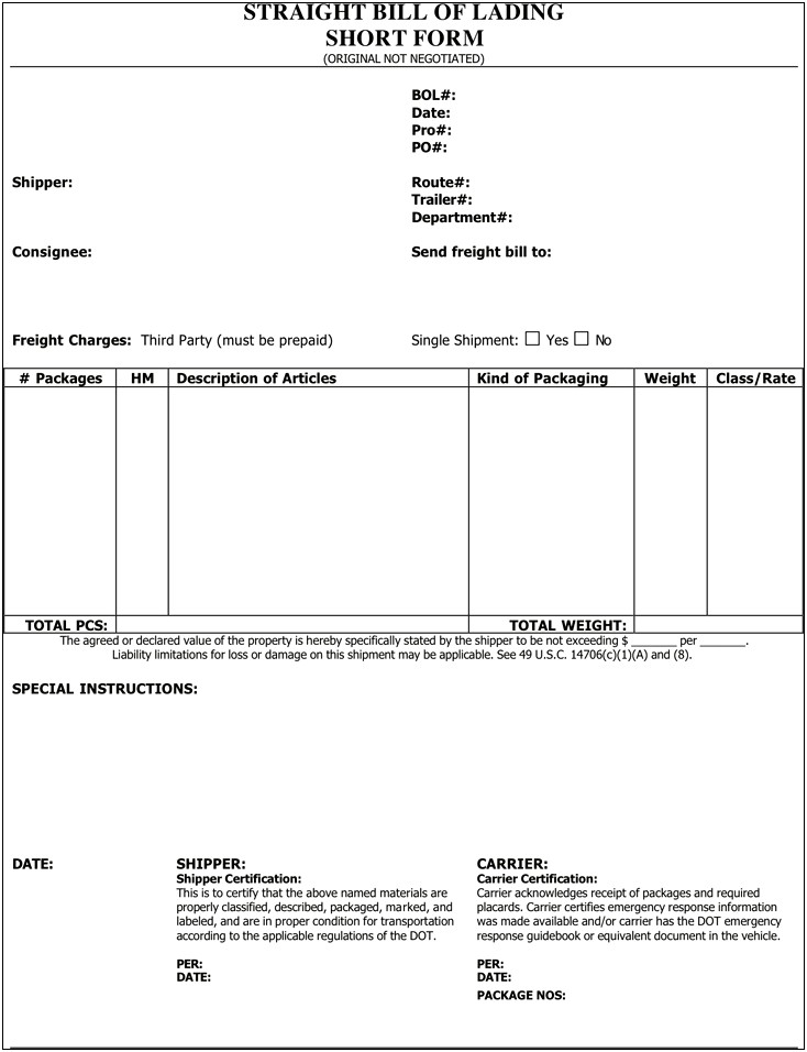 Free Freight Bill Of Lading Template
