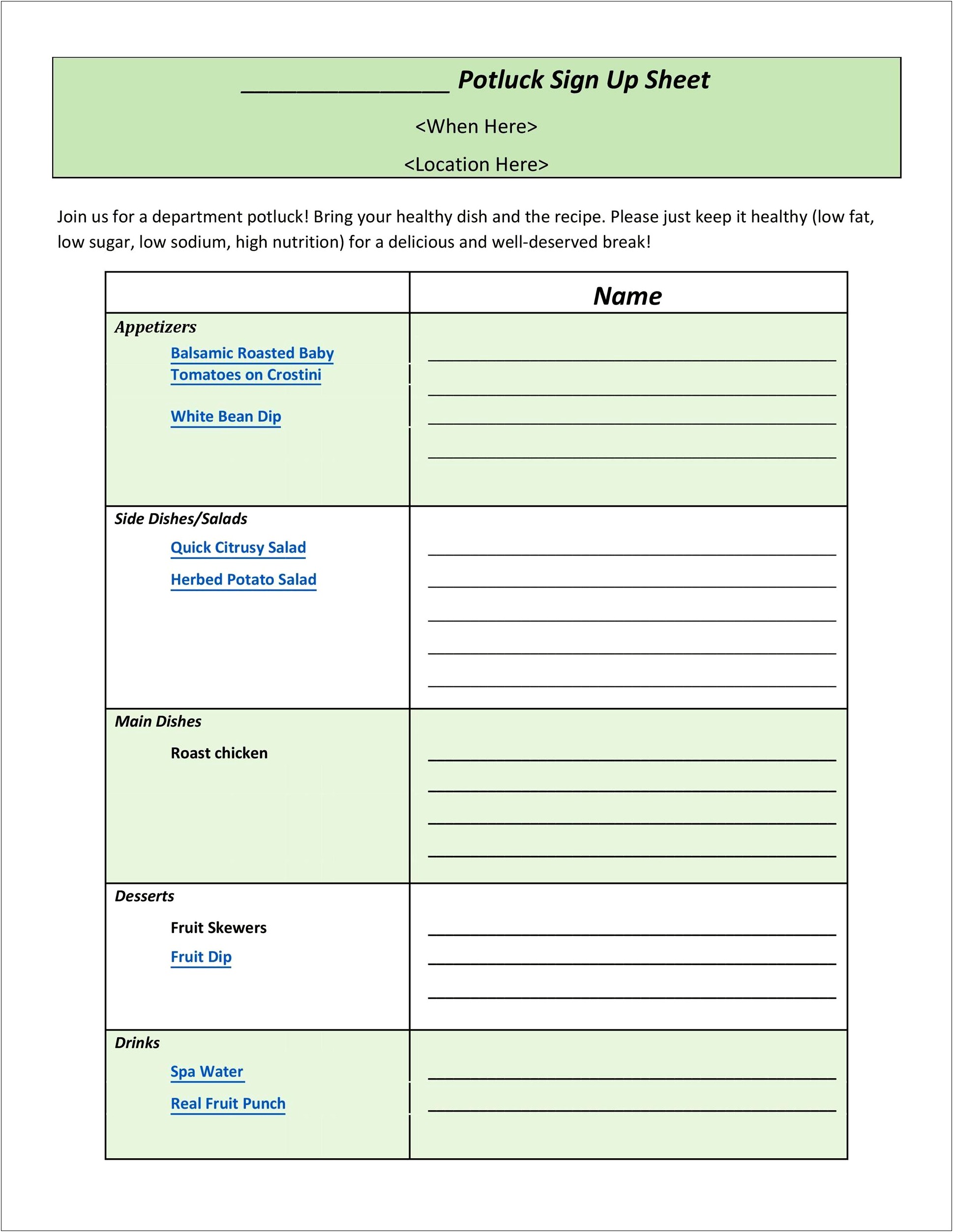 Potluck Sign Up Sheet Free Template Templates : Resume Designs #