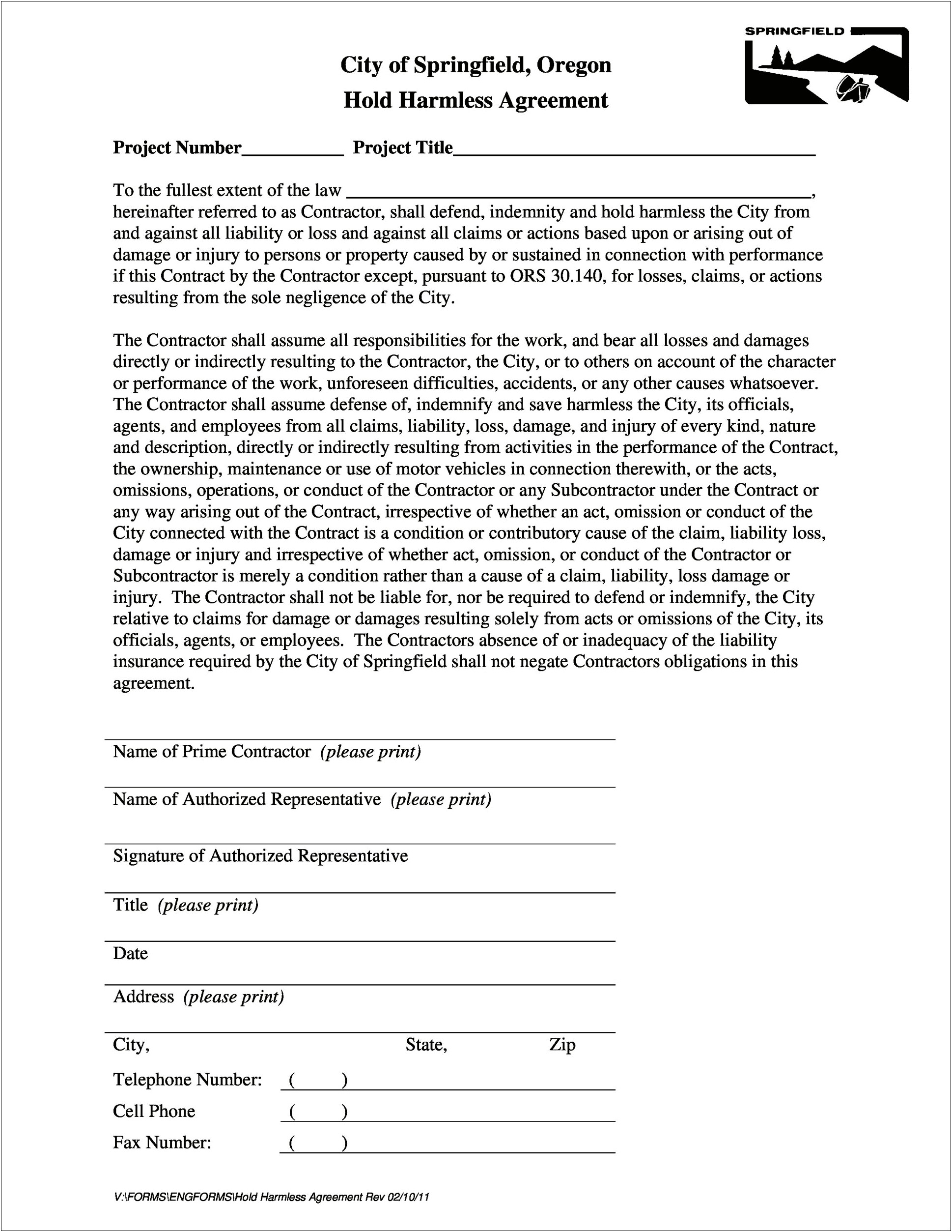 Free Hold Harmless Agreement Blank Template
