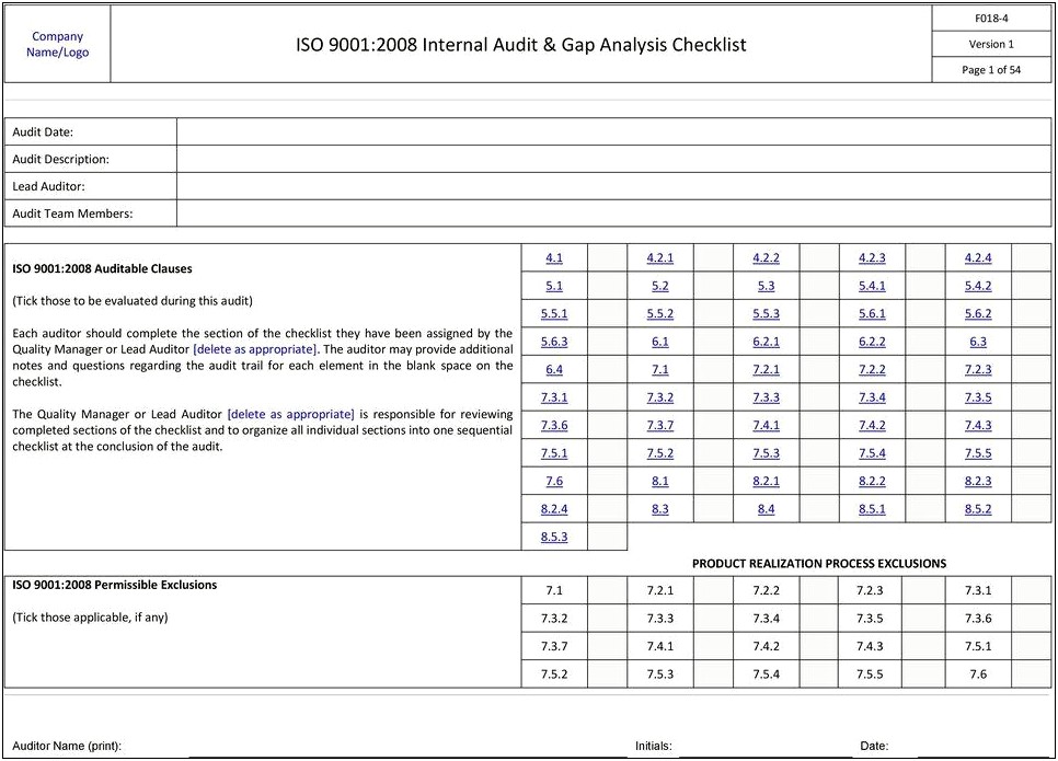 Free Iso 9001 Gap Analysis Template