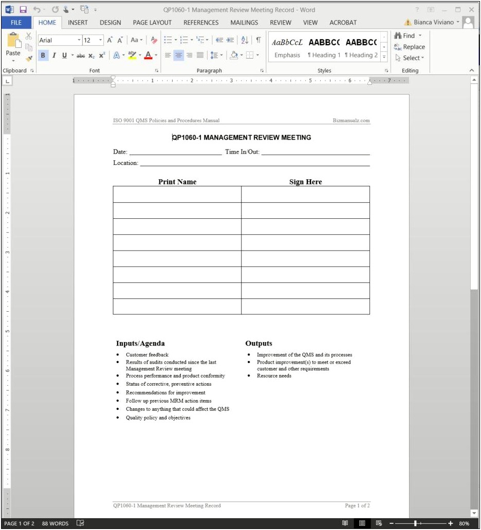 Free Iso 9001 Management Review Template