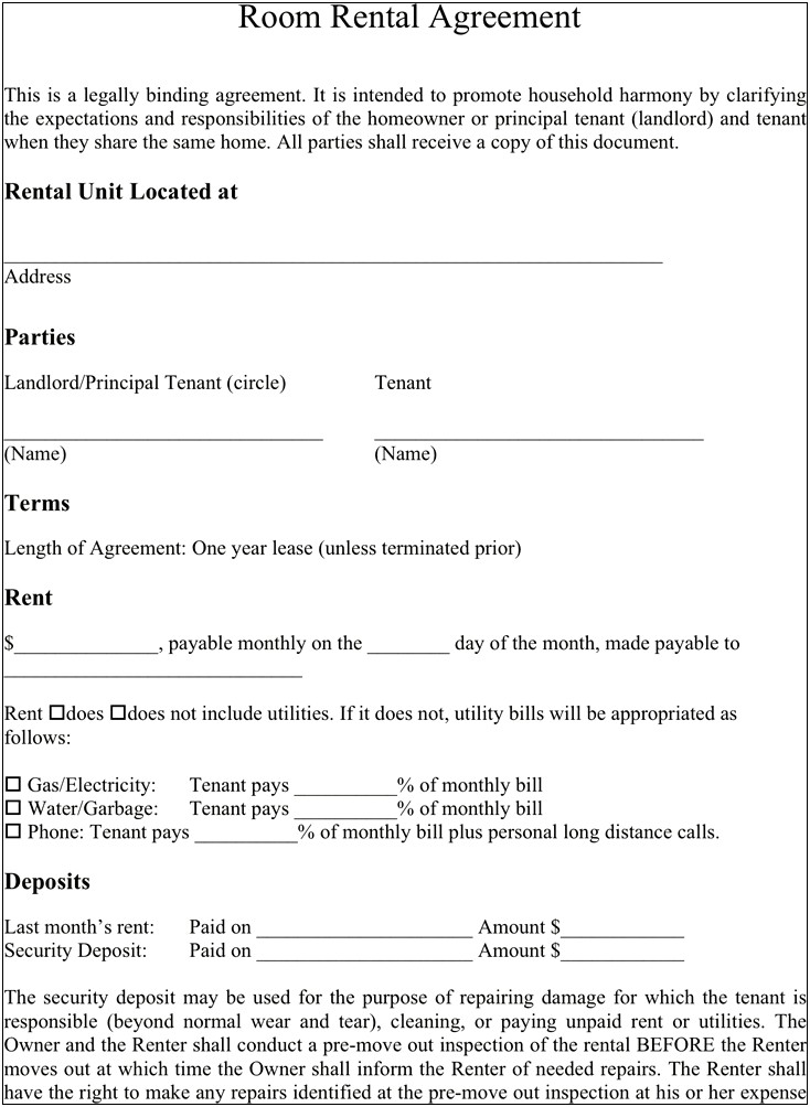 Free Lease Agreement Template For Renting A Room