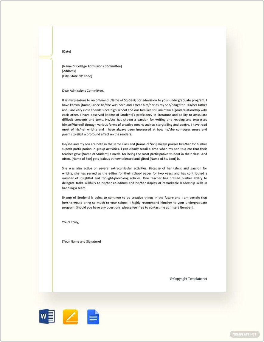 Free Letter Of Recommendation Template For College