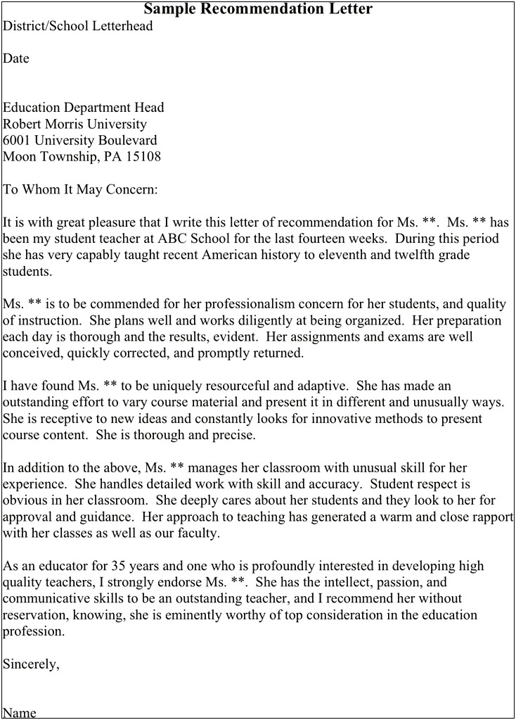 Free Letter Of Recommendation Template For Teachers