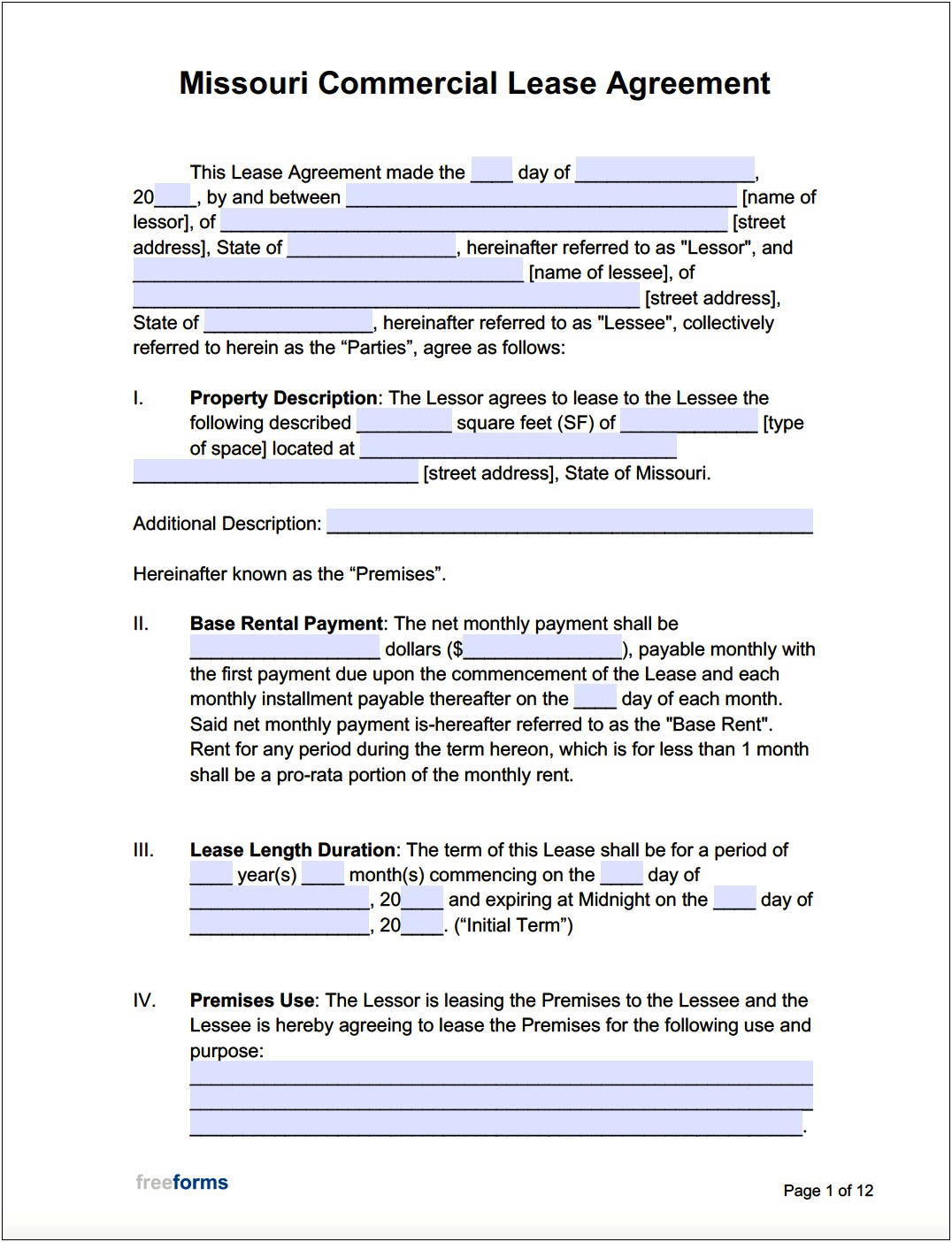 Free Missouri Commercial Lease Agreement Template