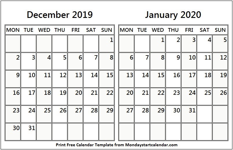 Free Monthly Calendar Template December 2019