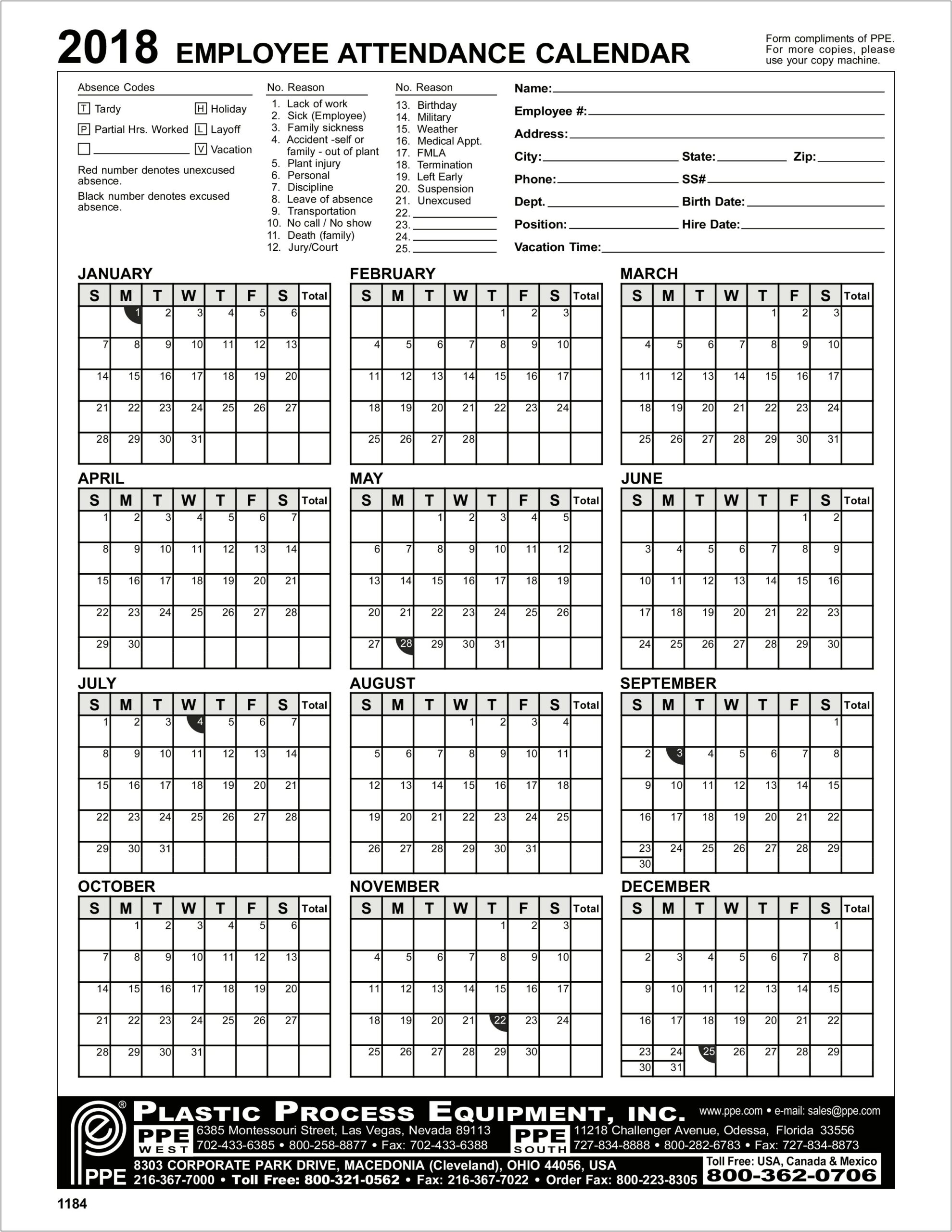 Free Monthly Employee Attendance Record Template